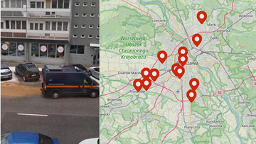 Mapa Warszawy z zaznaczonymi punktami awarii i widokiem na budynek mieszkalny.