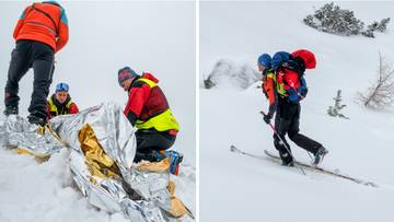 Ratownicy g&oacute;rscy w akcji ratunkowej po lawinie, używający sprzętu i folii termicznej w zasypanym śniegiem terenie.