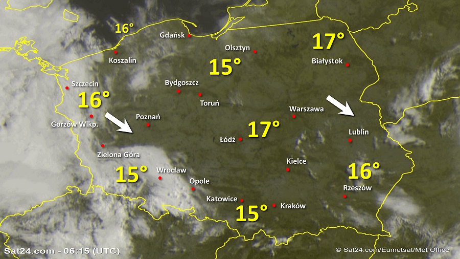 Zdjęcie satelitarne Polski w dniu 15 lipca 2019 o godzinie 8:15. Dane: Sat24.com / Eumetsat.