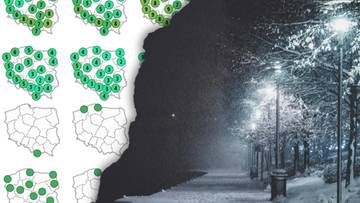 Kolaż map z danymi pogodowymi i zimowego krajobrazu z ośnieżoną ulicą i latarniami.