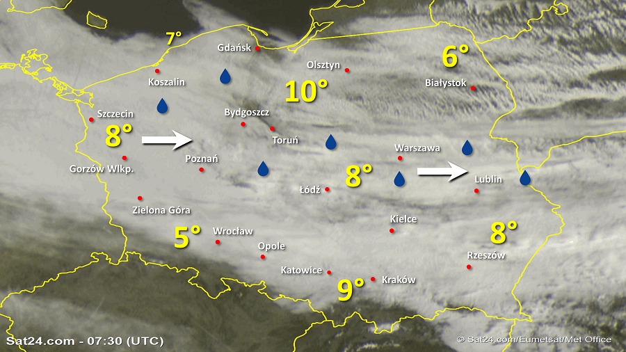 Zdjęcie satelitarne Polski w dniu 22 marca 2019 o godzinie 8:30. Dane: Sat24.com / Eumetsat.