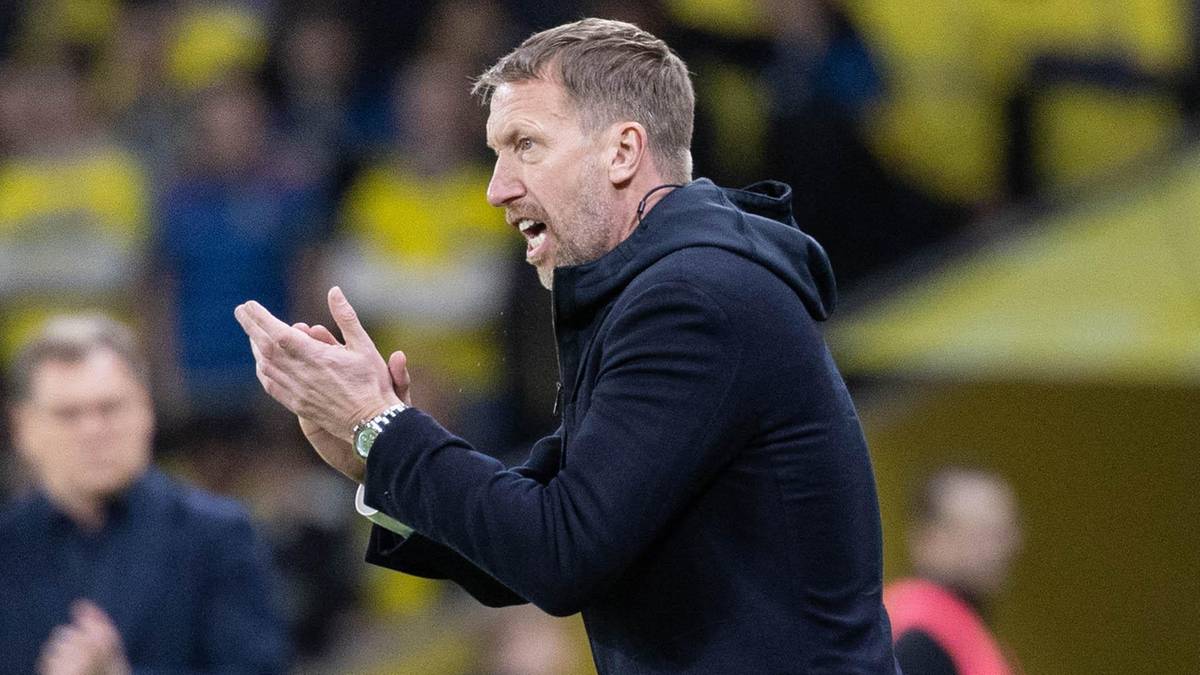 Trener piłkarski w ciemnej kurtce i spodniach, gestykulujący rękami w trakcie meczu na boisku, z innymi osobami na drugim planie.