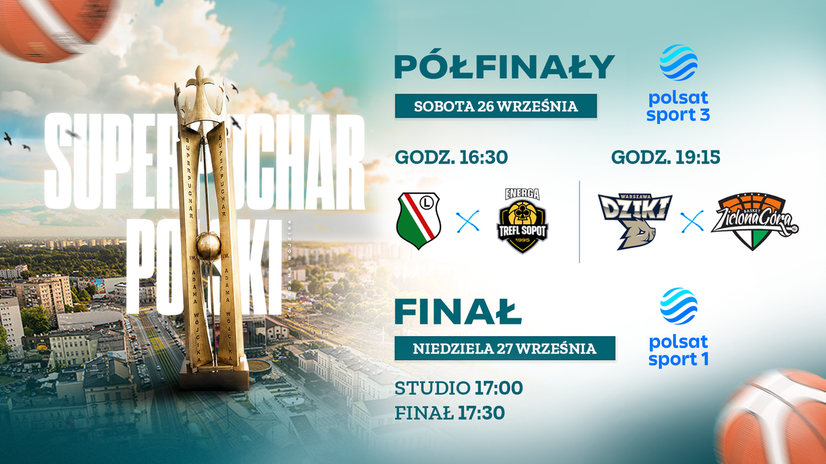 Grafika zapowiadająca Superpuchar Polski w koszyk&oacute;wce z harmonogramem mecz&oacute;w i trofeum.