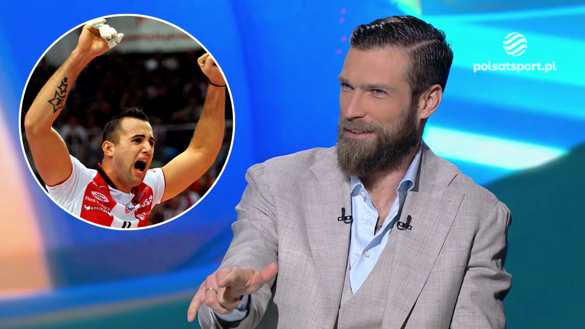 Siatkarz w koszulce z rękoma uniesionymi w geście radości i triumfu; obok mężczyzna w garniturze z brodą komentujący w studiu telewizyjnym.