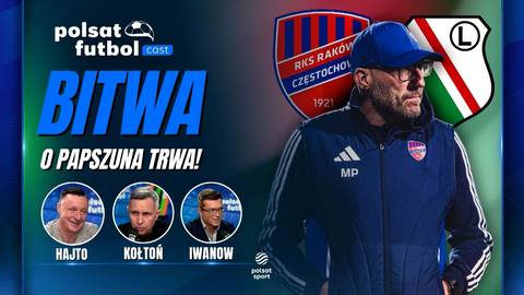 Grafika z napisem "Polsat Futbol Cast. Bitwa o Papszuna trwa!", logotypami RKS Raków Częstochowa i Lecha Poznań oraz zdjęciami trenera i komentatorów.