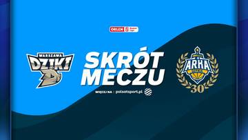 Logo "Dziki Warszawa" po lewej stronie, centralnie napis "SKRÓT MECZU", po prawej logo "Arka Gdynia" z napisem "30" i wieńcem laurowym. W tle niebieskie i granatowe fale.