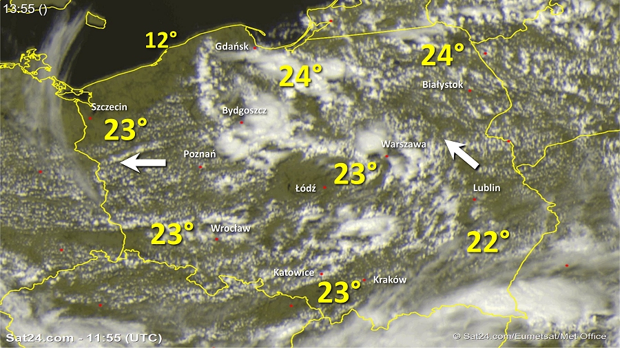 Zdjęcie satelitarne Polski w dniu 25 maja 2018 o godzinie 13:55. Dane: Sat24.com / Eumetsat.