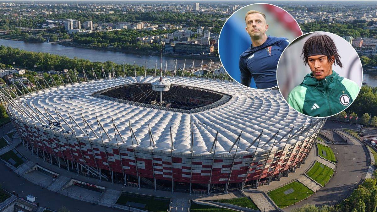 Widok z g&oacute;ry na Stadion Narodowy w Warszawie z widokiem na miasto. W prawym g&oacute;rnym rogu w dw&oacute;ch okręgach znajdują się zdjęcia dw&oacute;ch piłkarzy.