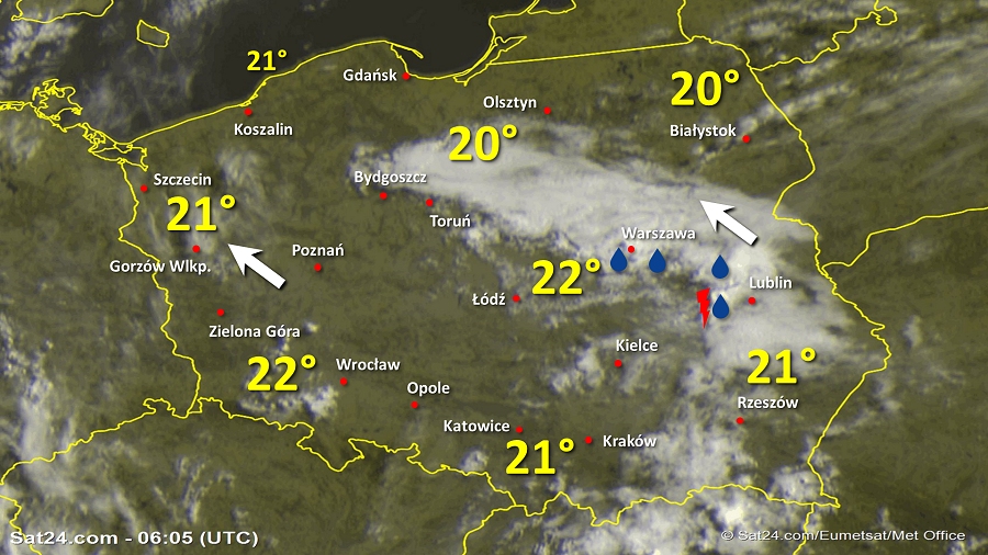 Zdjęcie satelitarne Polski w dniu 19 czerwca 2019 o godzinie 8:05. Dane: Sat24.com / Eumetsat.