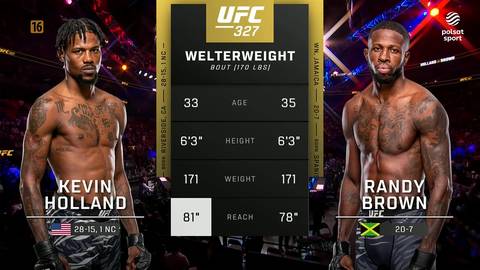 Kevin Holland i Randy Brown stoją po obu stronach tablicy informacyjnej UFC 327, prezentującej ich statystyki przed walką w wadze p&oacute;łśredniej.