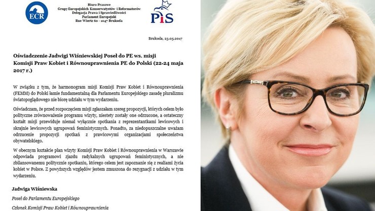 Europosłanka PiS zrezygnowała z misji Komisji Praw Kobiet PE w Polsce, bo delegacja "łamie zasadę pluralizmu"