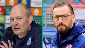 Dwie fotografie przedstawiające mężczyzn w strojach sportowych. Po lewej stronie mężczyzna w średnim wieku z krótkimi siwymi włosami, mówiący do mikrofonu. Po prawej stronie młodszy mężczyzna z zarostem i okularami, patrzący przed siebie.