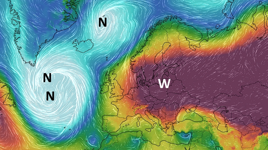 Rozkład wyżów i niżów nad Europą w dniu 16 listopada 2018 roku o poranku. Fot. Windy.com
