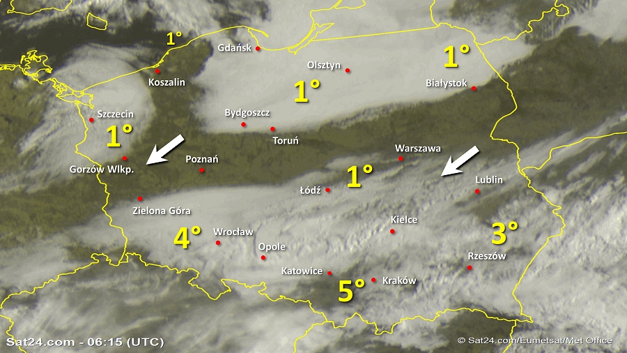 Zdjęcie satelitarne Polski w dniu 10 kwietnia 2019 o godzinie 8:15. Dane: Sat24.com / Eumetsat.