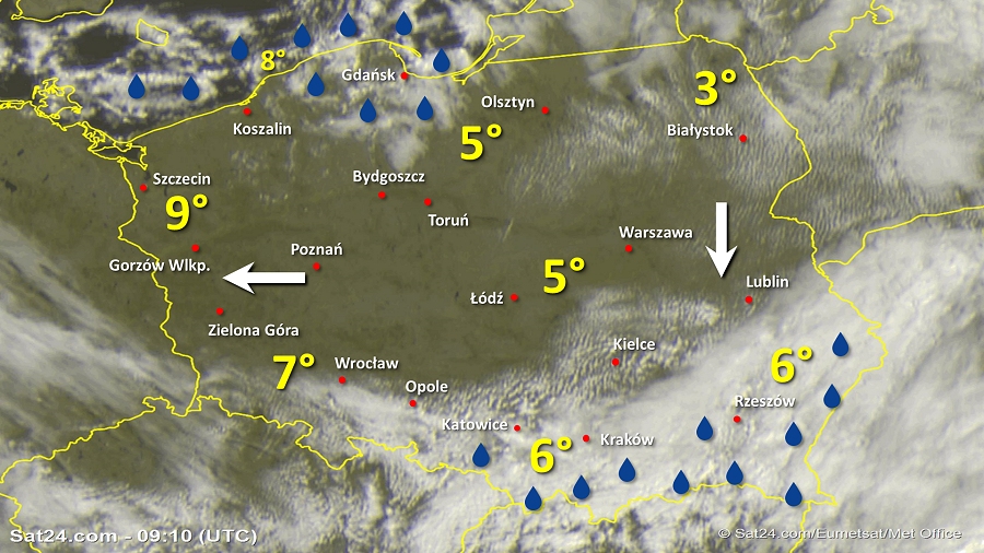 Zdjęcie satelitarne Polski w dniu 6 października 2019 o godzinie 11:10. Dane: Sat24.com / Eumetsat.