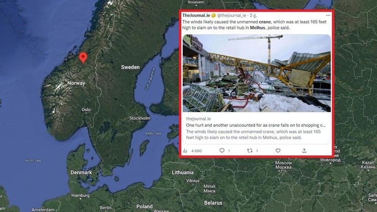 Norwegia: Dźwig budowlany przewrócił się na centrum handlowe. Nie żyje jedna osoba