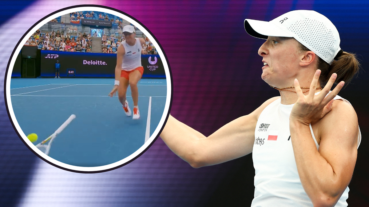 Iga Świątek z wyrazem twarzy po nieudanym zagraniu, w tle okrągłe zdjęcie pokazujące moment, gdy rzuciła rakietą.