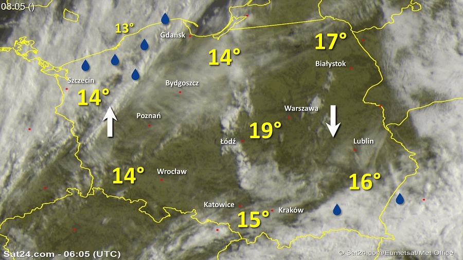 Zdjęcie satelitarne Polski w dniu 15 czerwca 2018 o godzinie 8:05. Dane: Sat24.com / Eumetsat.