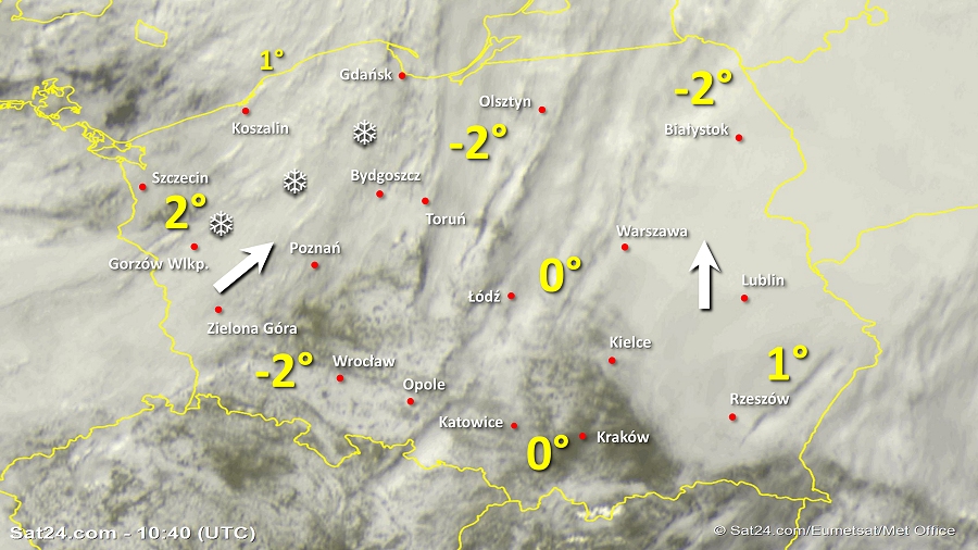 Zdjęcie satelitarne Polski w dniu 5 lutego 2019 o godzinie 11:40. Dane: Sat24.com / Eumetsat.