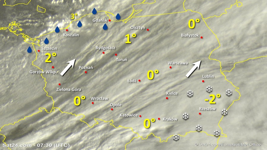 Zdjęcie satelitarne Polski w dniu 2 grudnia 2019 o godzinie 8:30. Dane: Sat24.com / Eumetsat.