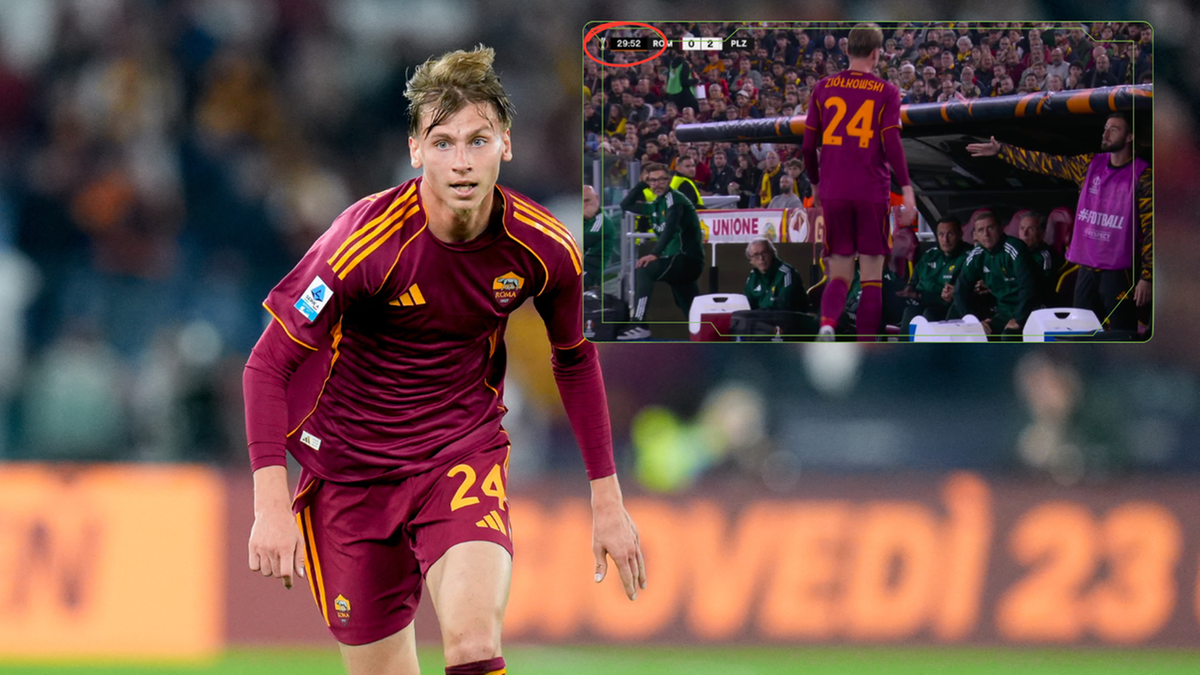 Piłkarz Nicola Zalewski w bordowym stroju AS Roma na boisku.