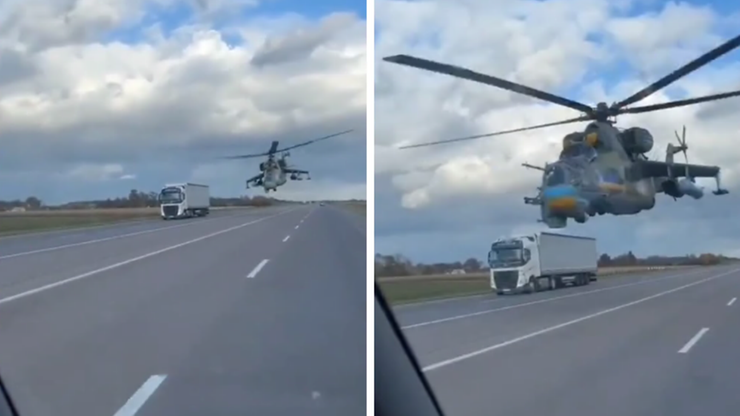 Wojskowy śmigłowiec przeleciał tuż nad samochodami na autostradzie. "Witajcie w Ukrainie