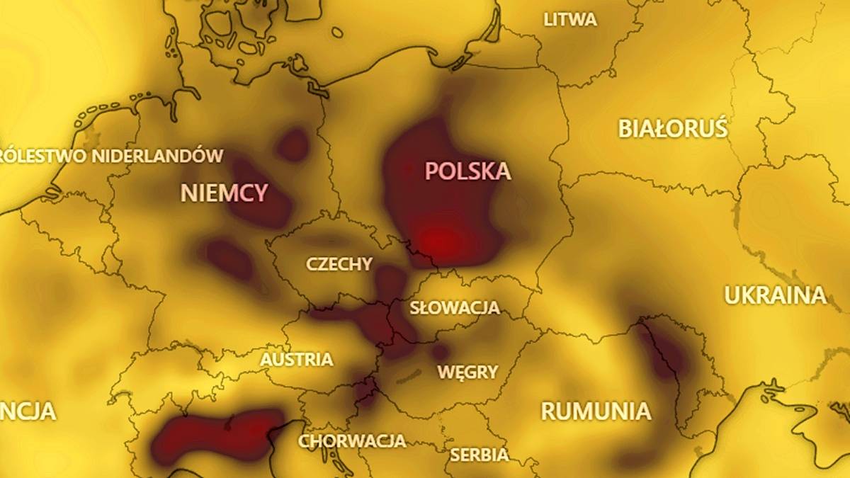 Stężenie CO prognozowane na niedzielę. Fot. windy.com