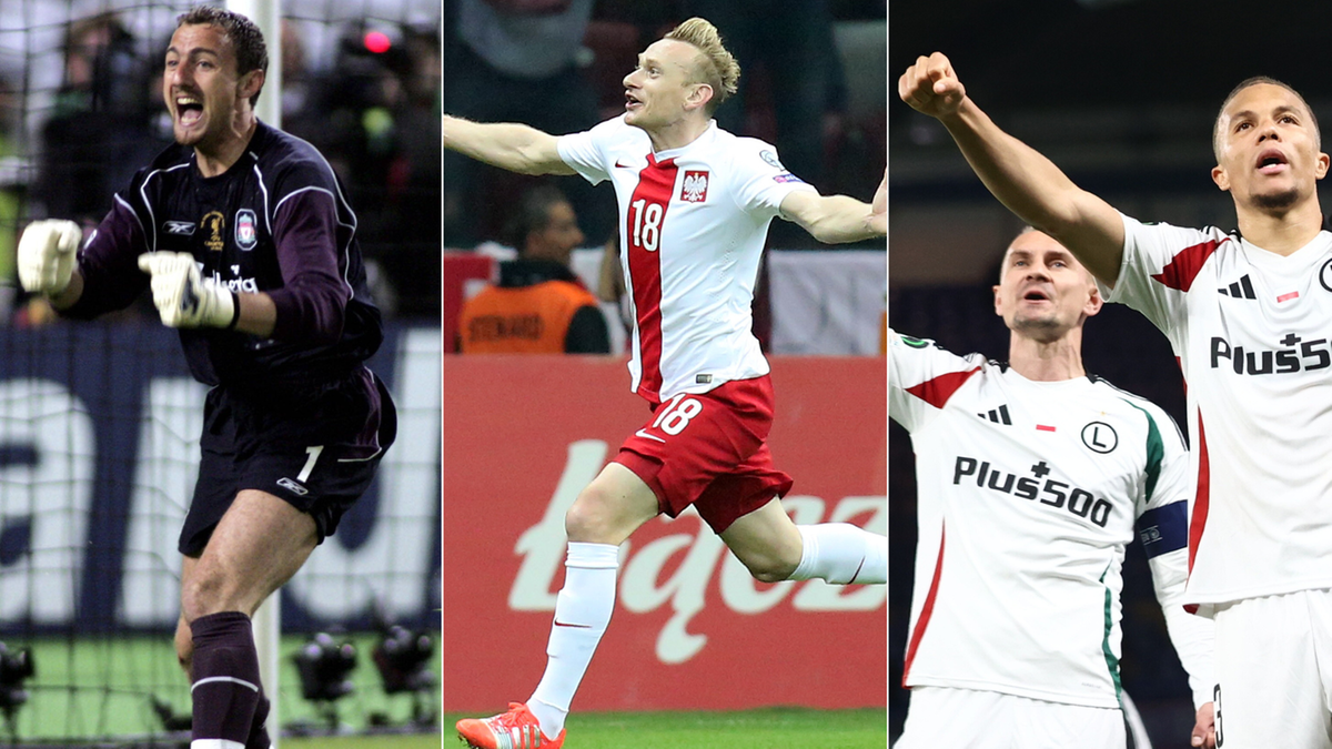 Kolaż trzech zdjęć piłkarzy podczas meczów.