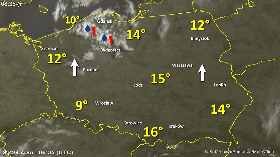 Zdjęcie satelitarne w dniu 9 kwietnia 2018 o godzinie 8:35. Dane: Sat24.com / Eumetsat.