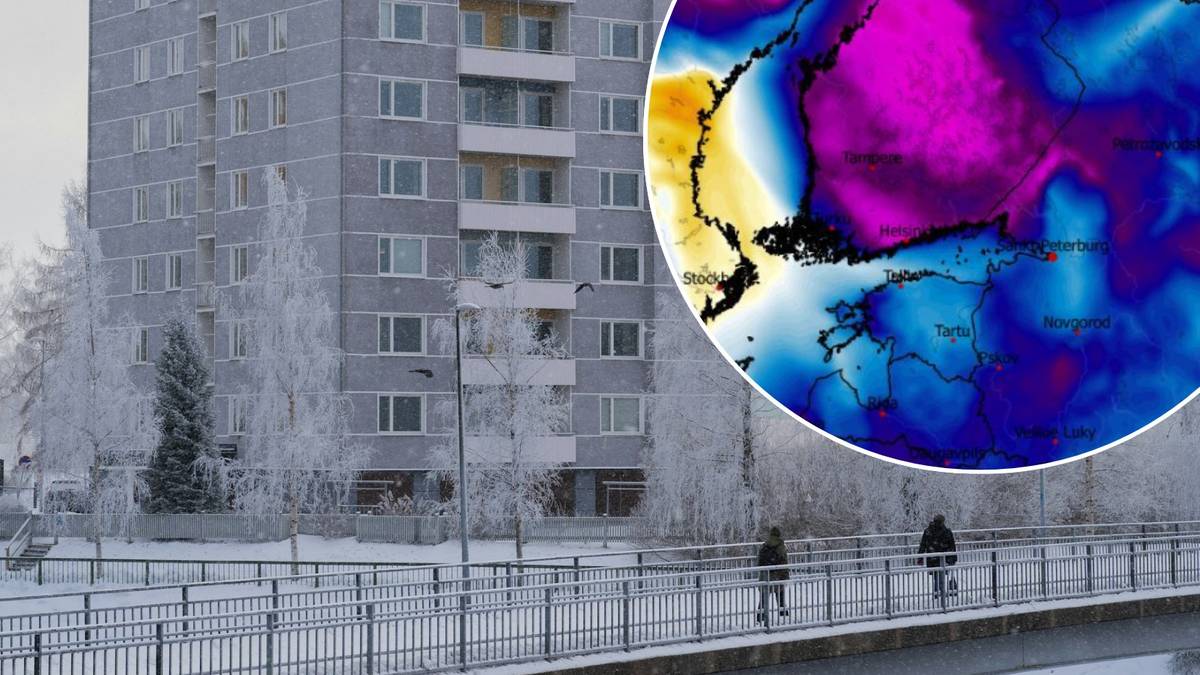 Zimowy krajobraz z budynkiem mieszkalnym i mostem, na kt&oacute;rym idą ludzie. W tle wykres temperatur.