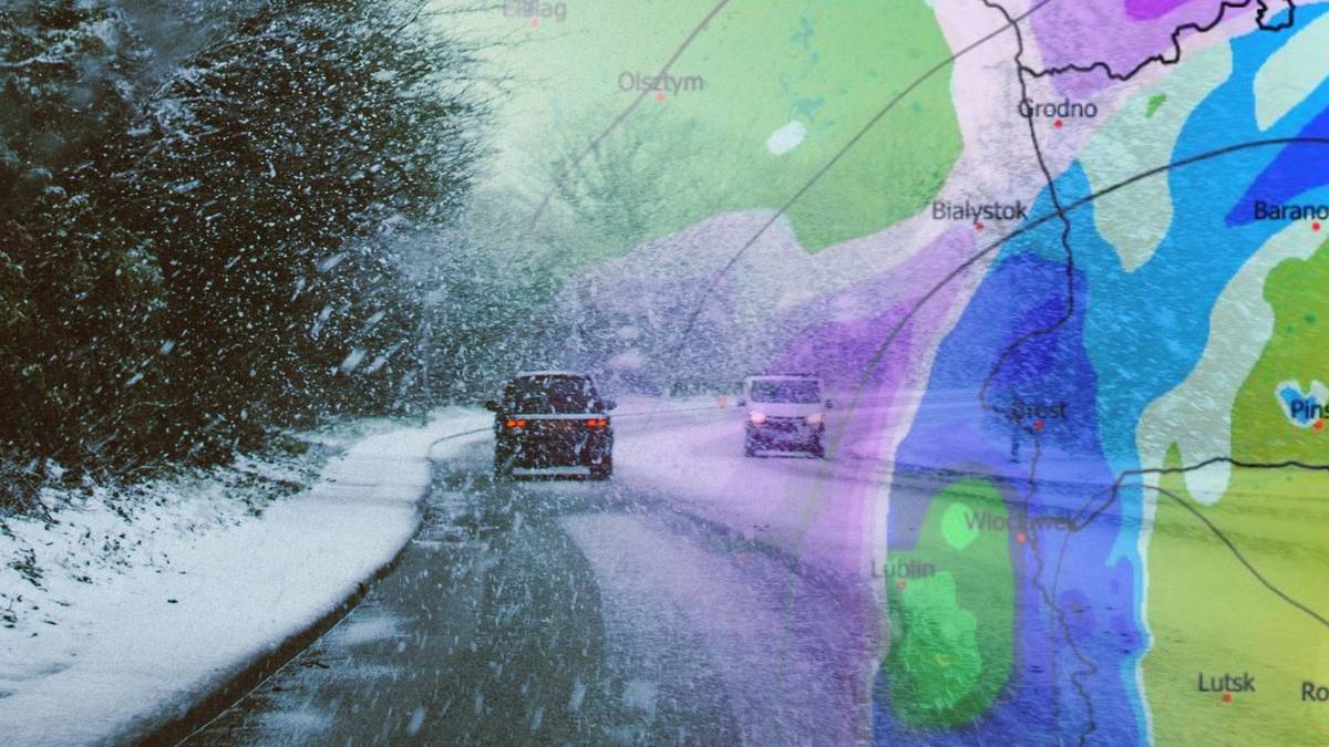 Zimowa droga z samochodami w śnieżycy, nałożona na mapę z prognozą pogody wskazującą obszary objęte ostrzeżeniami.