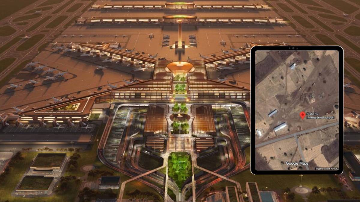 Wizualizacja nowoczesnego, rozległego lotniska z wieloma terminalami i pasami startowymi, obok tablet z widokiem satelitarnym.