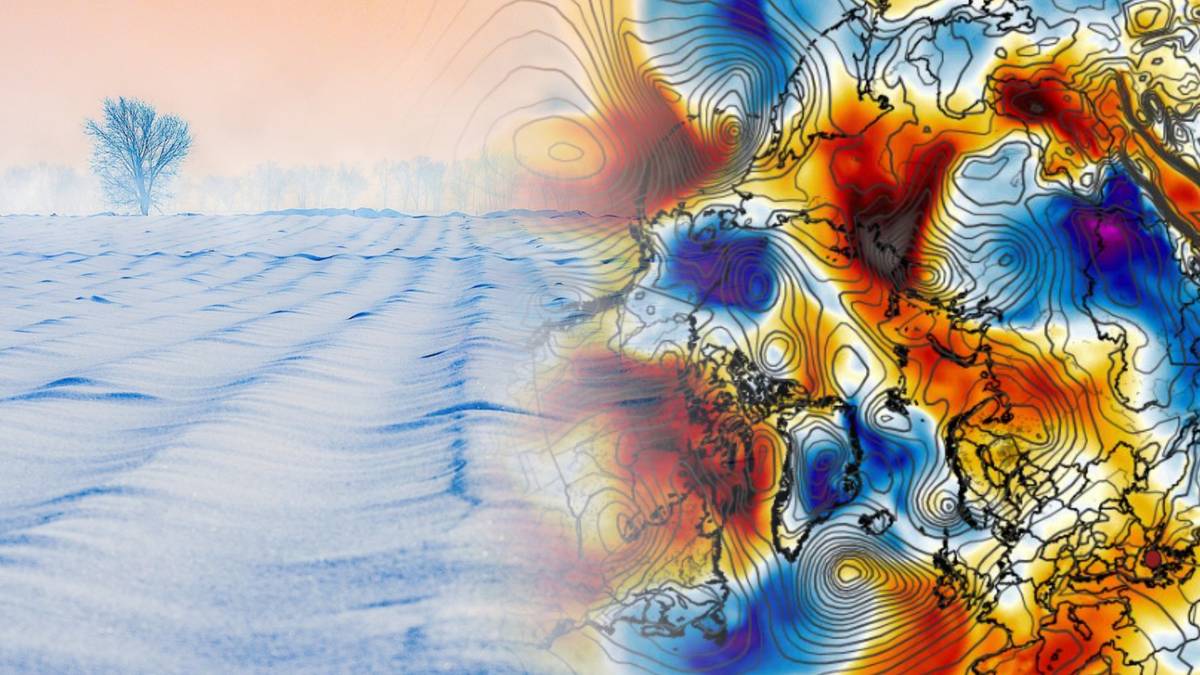 Zestawienie ośnieżonego zimowego krajobrazu z kolorową mapą meteorologiczną przedstawiającą anomalie temperaturowe.