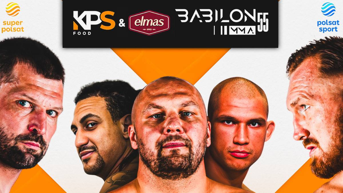 Plakat gali KPS Food & Elmas Babilon MMA 55 z wizerunkami czterech zawodników i informacjami o wydarzeniu.