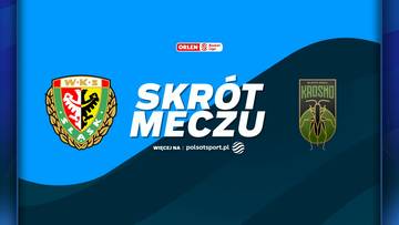 Herb Śląska Wrocław po lewej stronie, napis 'SKR&Oacute;T MECZU' na środku, a po prawej herb Miasta Szkła Krosno.