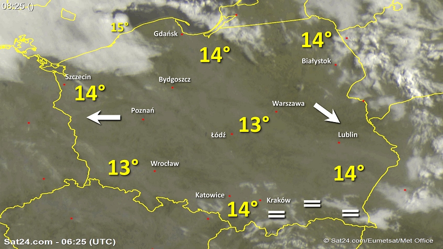 Zdjęcie satelitarne Polski w dniu 29 sierpnia 2018 o godzinie 8:25. Dane: Sat24.com / Eumetsat.