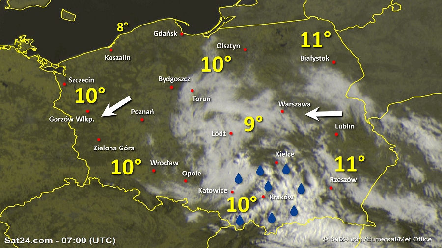 Zdjęcie satelitarne Polski w dniu 22 kwietnia 2019 o godzinie 9:00. Dane: Sat24.com / Eumetsat.