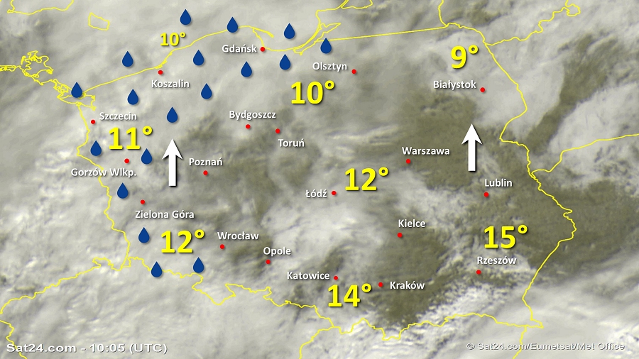 Zdjęcie satelitarne Polski w dniu 3 listopada 2019 o godzinie 11:05. Dane: Sat24.com / Eumetsat.