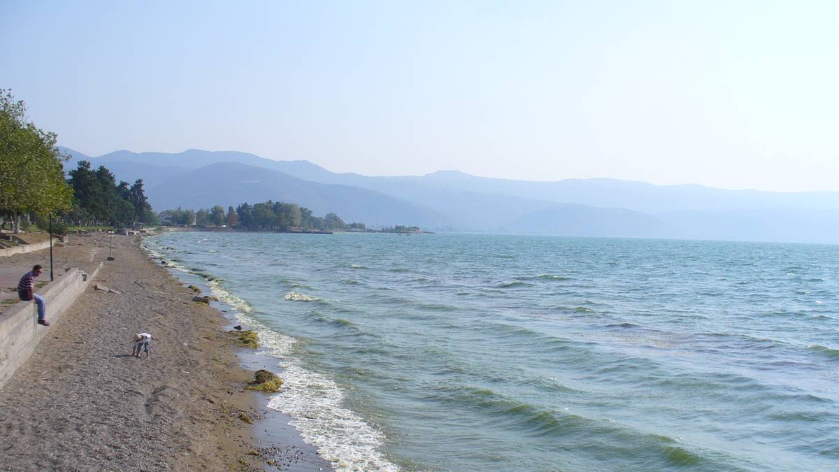 Widok na spokojne, błękitne jezioro z piaszczystą plażą wzdłuż brzegu. W oddali widoczne są łagodne, zalesione wzgórza.