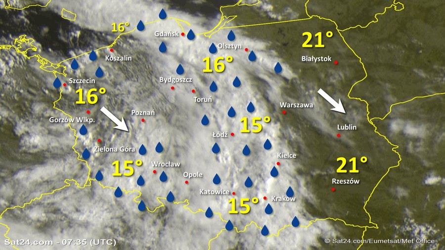 Zdjęcie satelitarne Polski w dniu 16 lipca 2020 o godzinie 9:35. Dane: Sat24.com / Eumetsat.