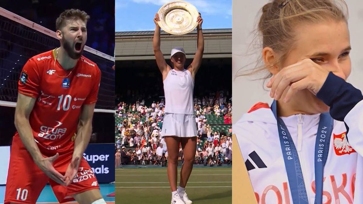 Kompozycja trzech zdjęć sportowych: siatkarz w czerwonej koszulce krzyczy z radości, tenisistka Iga Świątek unosi trofeum na Wimbledonie, zawodniczka w białej kurtce z medalem na szyi płacze ze wzruszenia.