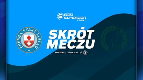 Logo Energa Start Elbląg i logo Galiczanka Lw&oacute;w obok napisu SKR&Oacute;T MECZU, z grafiką przypominającą falę w tle.