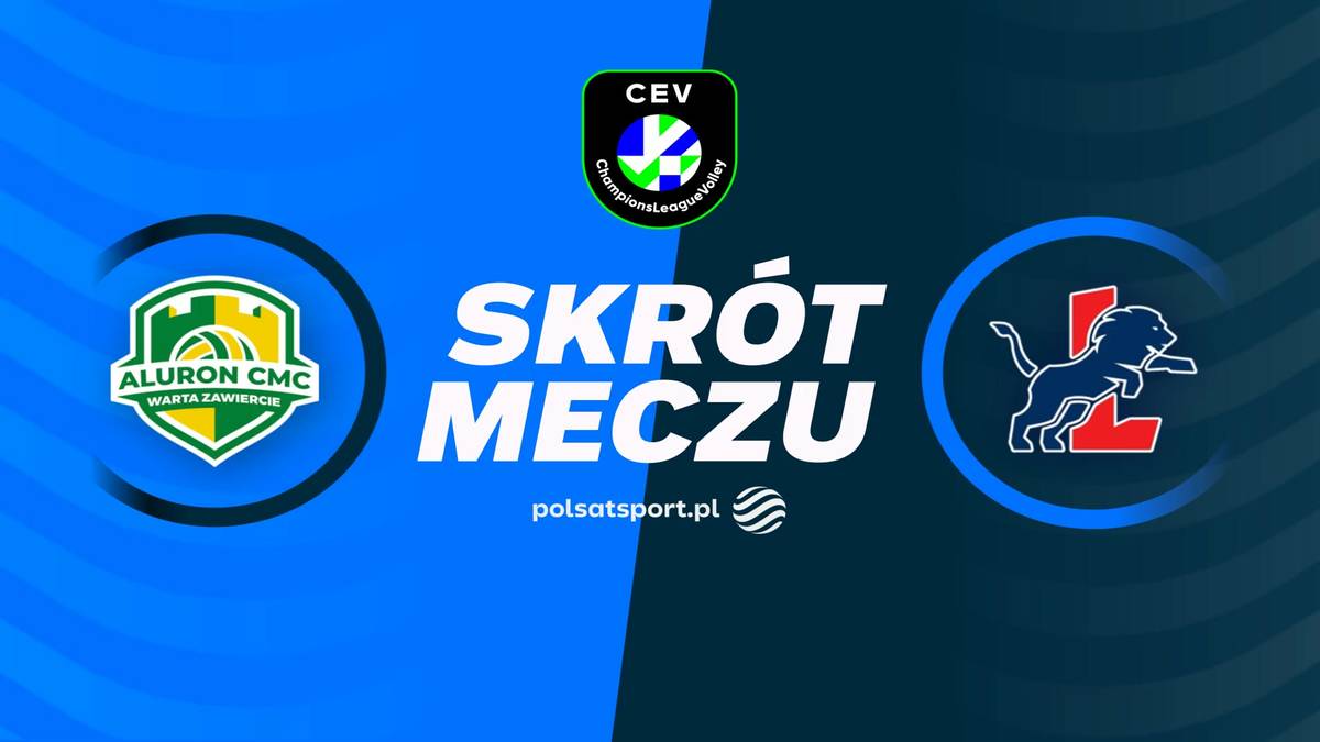 Logo Aluron CMC Warta Zawiercie po lewej, logo SVG Lüneburg po prawej, napis "SKRÓT MECZU" w centrum, logo CEV u góry.