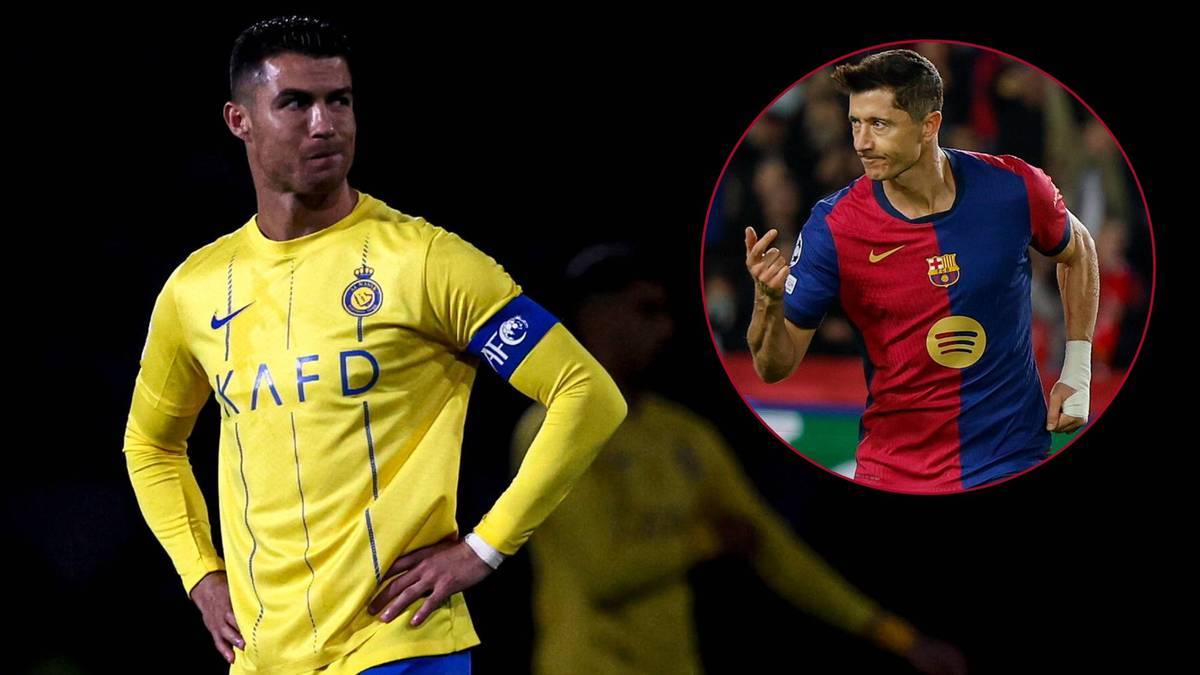 Dwóch piłkarzy w żółtych strojach, jeden z nich jest Cristiano Ronaldo. W tle w okręgu Robert Lewandowski.