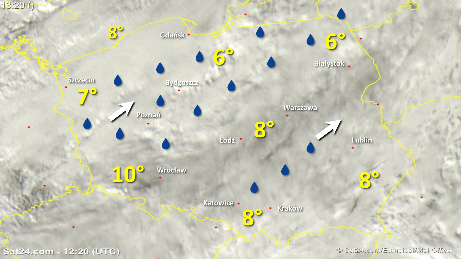 Zdjęcie satelitarne w dniu 10 listopada 2017 o godzinie 13:20. Dane: Sat24.com / Eumetsat.