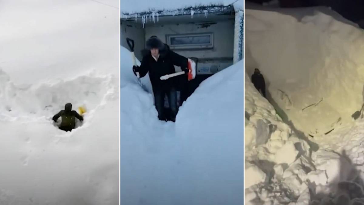 Osoby walczące z głębokimi zaspami śnieżnymi, wykopujące się z zasypanych dom&oacute;w i dr&oacute;g na Kamczatce.