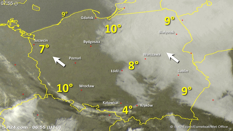 Zdjęcie satelitarne Polski w dniu 7 listopada 2018 o godzinie 7:55. Dane: Sat24.com / Eumetsat.