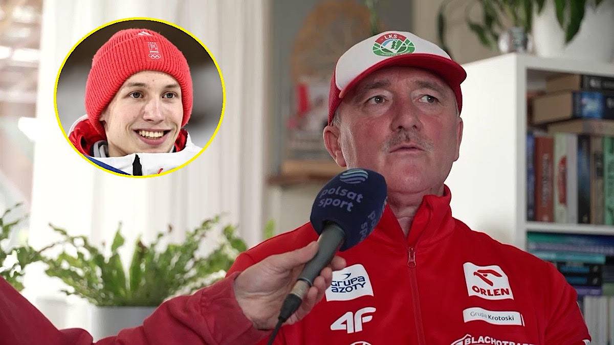 Fragment wywiadu z trenerem Jarosławem Konior, w kt&oacute;rym widać też zdjęcie młodego skoczka narciarskiego Kacpra Tomasiaka.