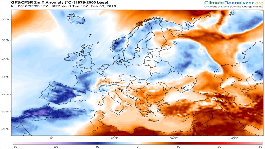 Anomalie temperatury w Europie w dniu 6 lutego 2018. Fot. ClimateReanalyzer.org