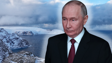 Portret Władimira Putina z nałożonym tłem krajobrazu arktycznego.